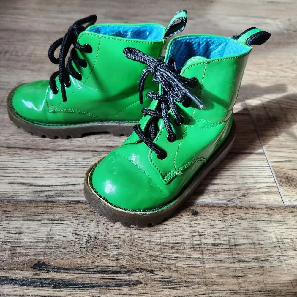 Faded Glory Patent Leather Alex Lace-up Boots Size 7 Green